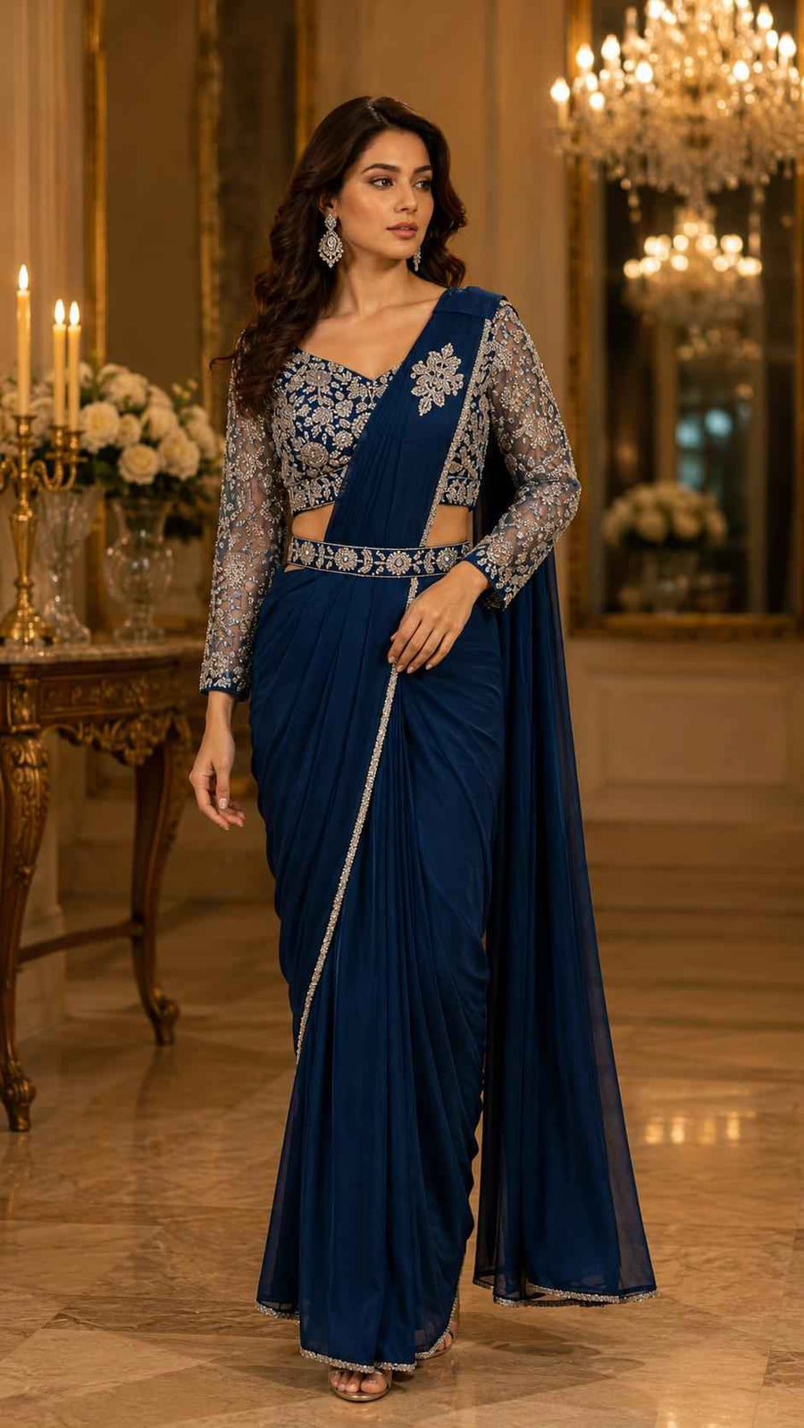 Navy Blue Pure Imported Lycra Silk Ready to Wear Saree