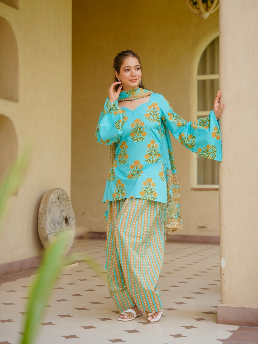 Premium Pure Cambric Cotton Digital Printed Kurta Farshi Pant Suit Set