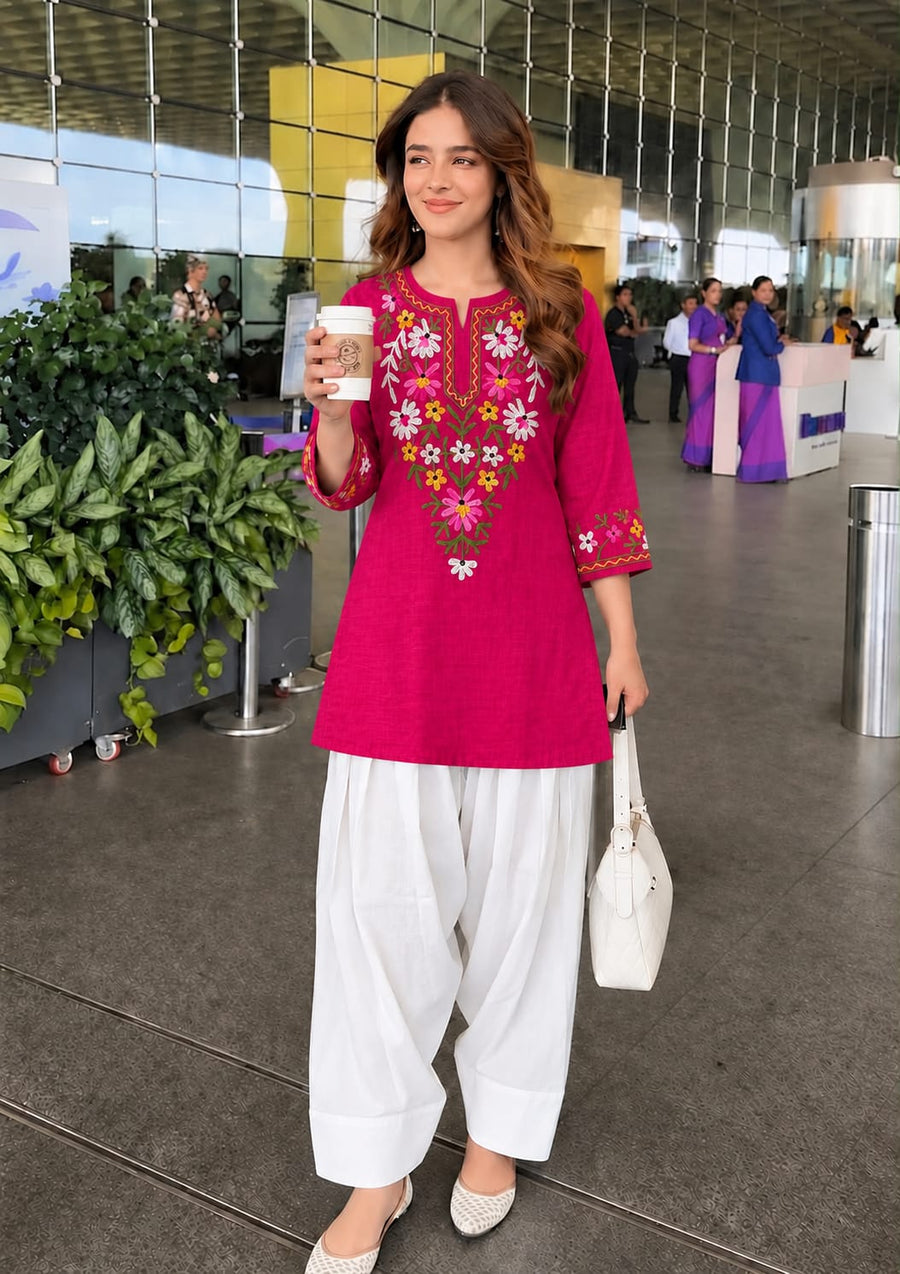Hand Embroidered Pure Cotton Short Kurti with White Farshi Salwar Set (2-Piece Ethnic Suit)