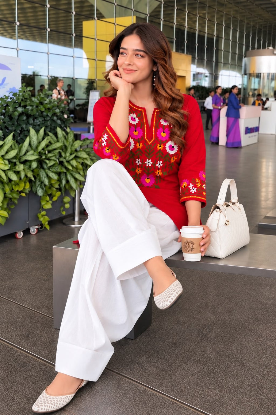 Hand Embroidered Pure Cotton Short Kurti with White Farshi Salwar Set (2-Piece Ethnic Suit)