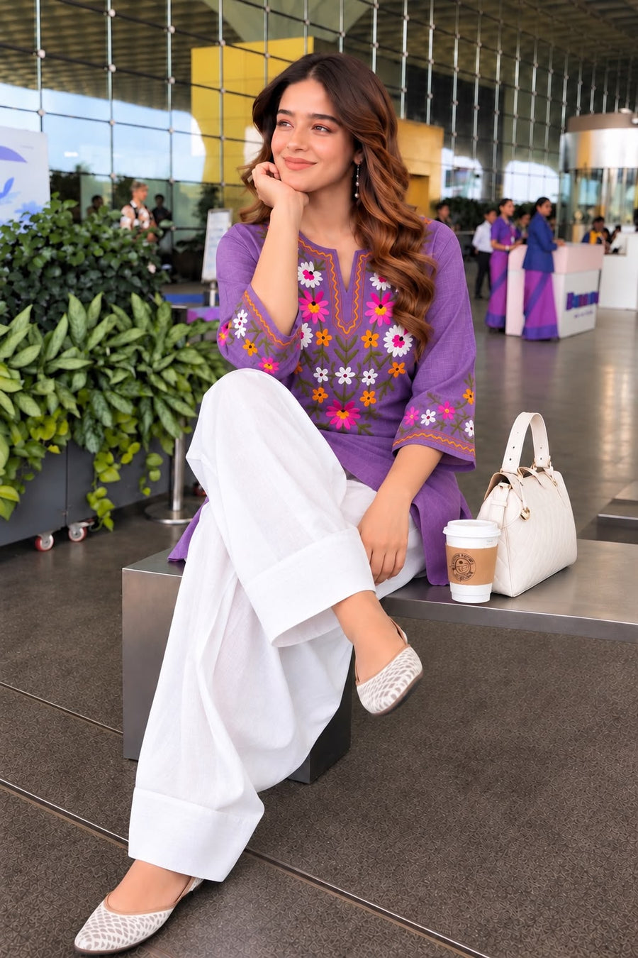 Hand Embroidered Pure Cotton Short Kurti with White Farshi Salwar Set (2-Piece Ethnic Suit)