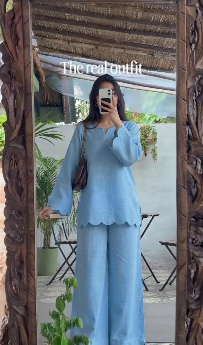 Pure Cotton Slub Scallop Cutwork Co-Ord Set (Tunic Top with Flared Palazzo Pants)