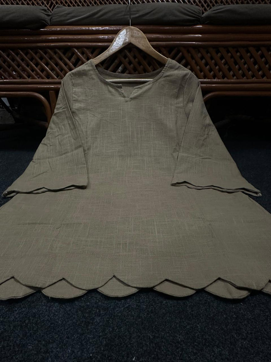 Pure Cotton Slub Scallop Cutwork Co-Ord Set (Tunic Top with Flared Palazzo Pants)