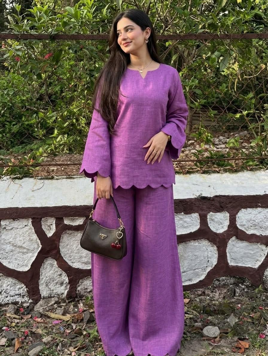 Pure Cotton Slub Scallop Cutwork Co-Ord Set (Tunic Top with Flared Palazzo Pants)