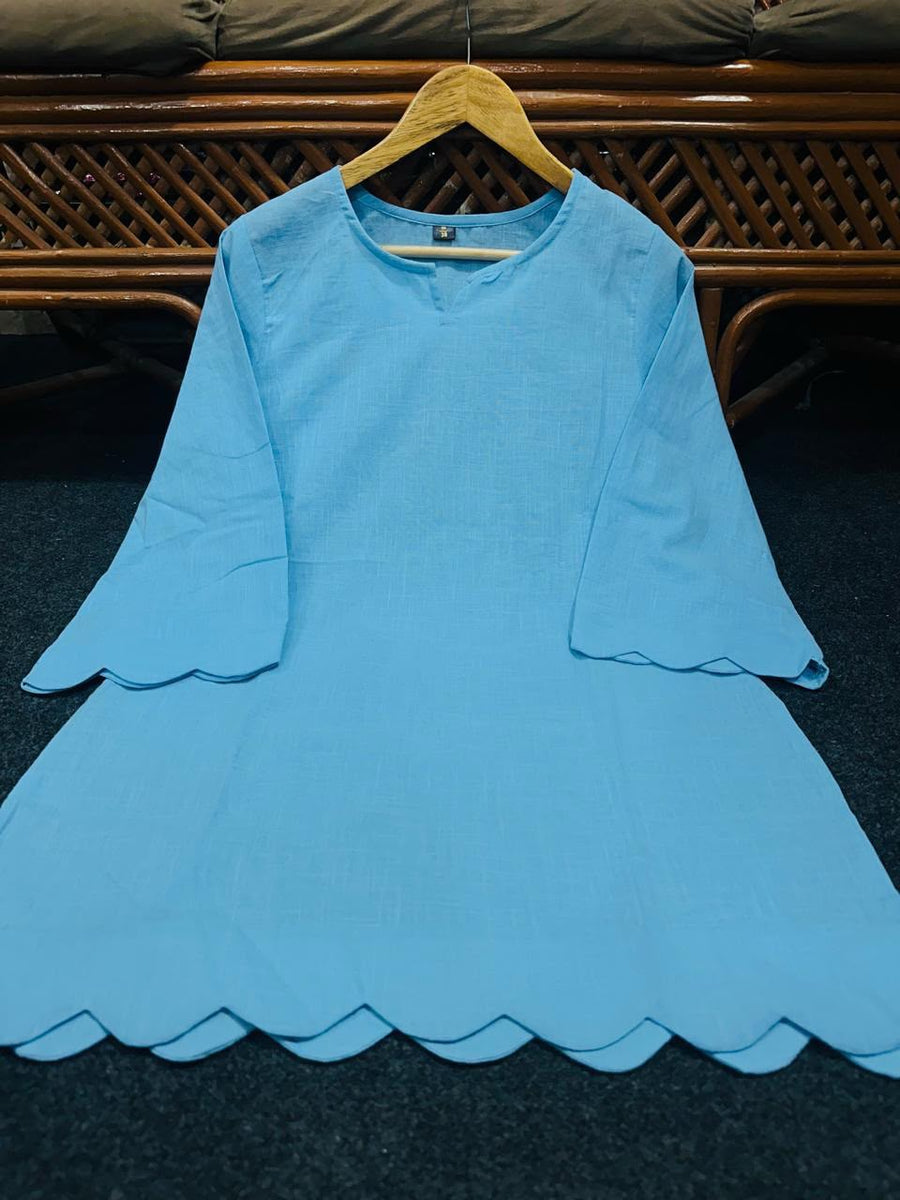 Pure Cotton Slub Scallop Cutwork Co-Ord Set (Tunic Top with Flared Palazzo Pants)