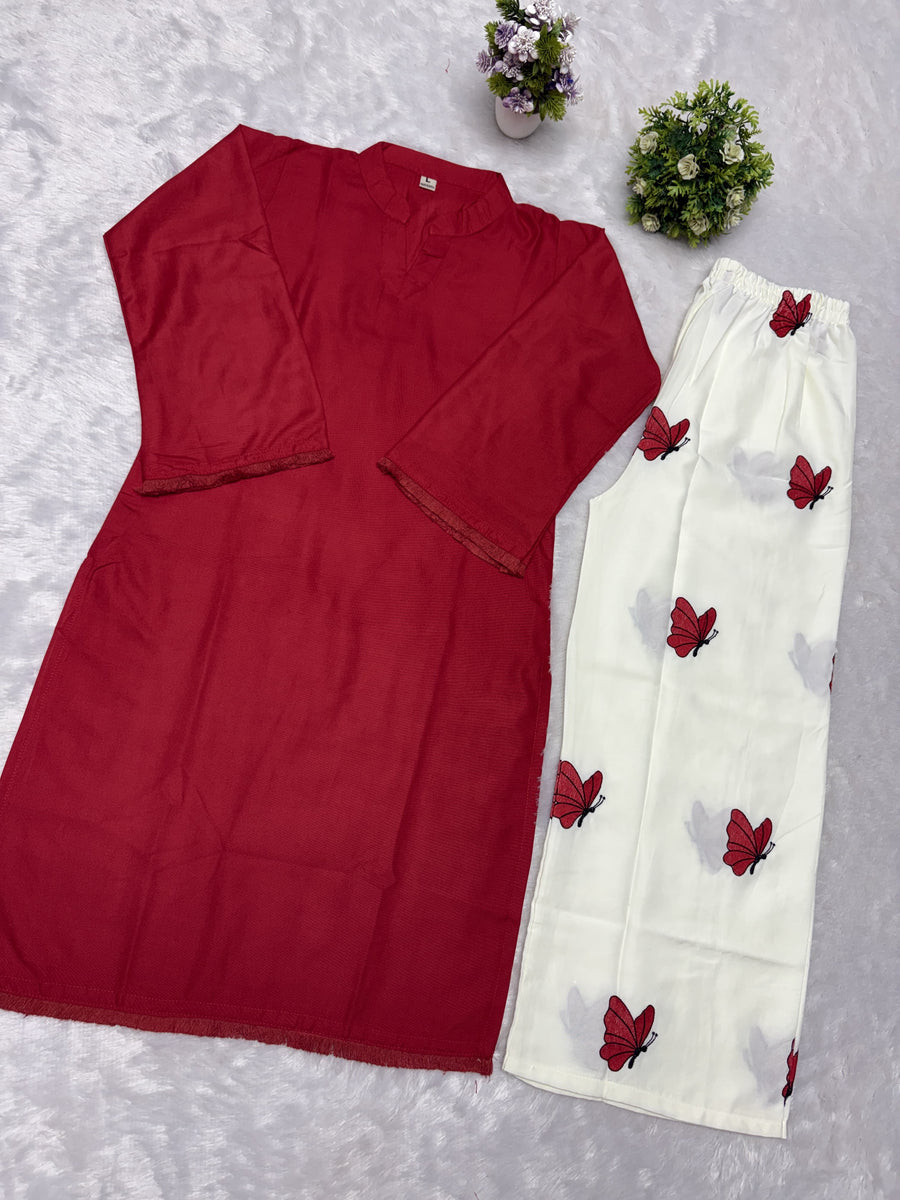 Rich Maroon Pure Cotton Embroidered Casual Kurti