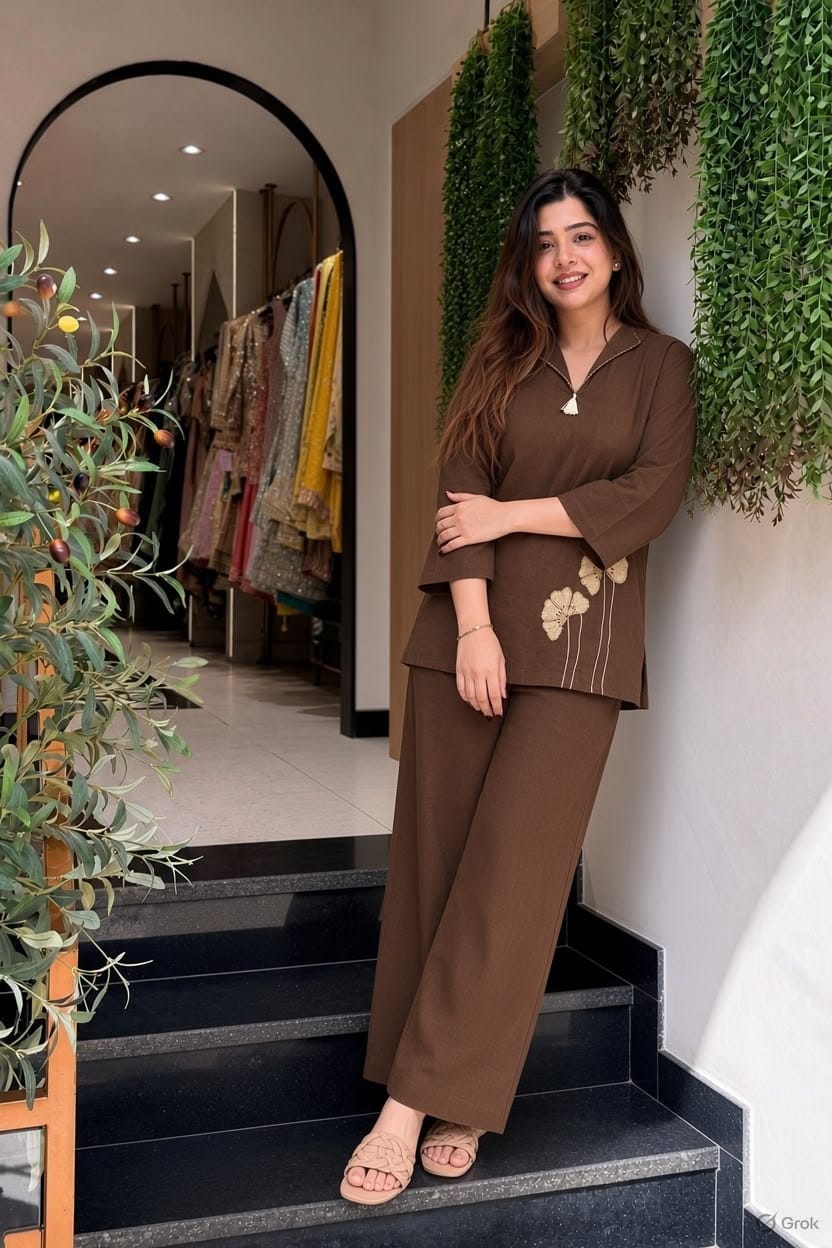 Brown Cotton Flex Co-Ord Set with Floral Embroidery