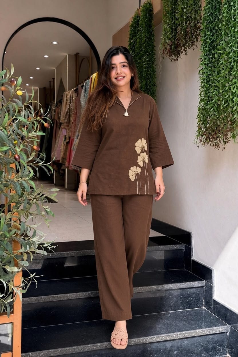 Brown Cotton Flex Co-Ord Set with Floral Embroidery