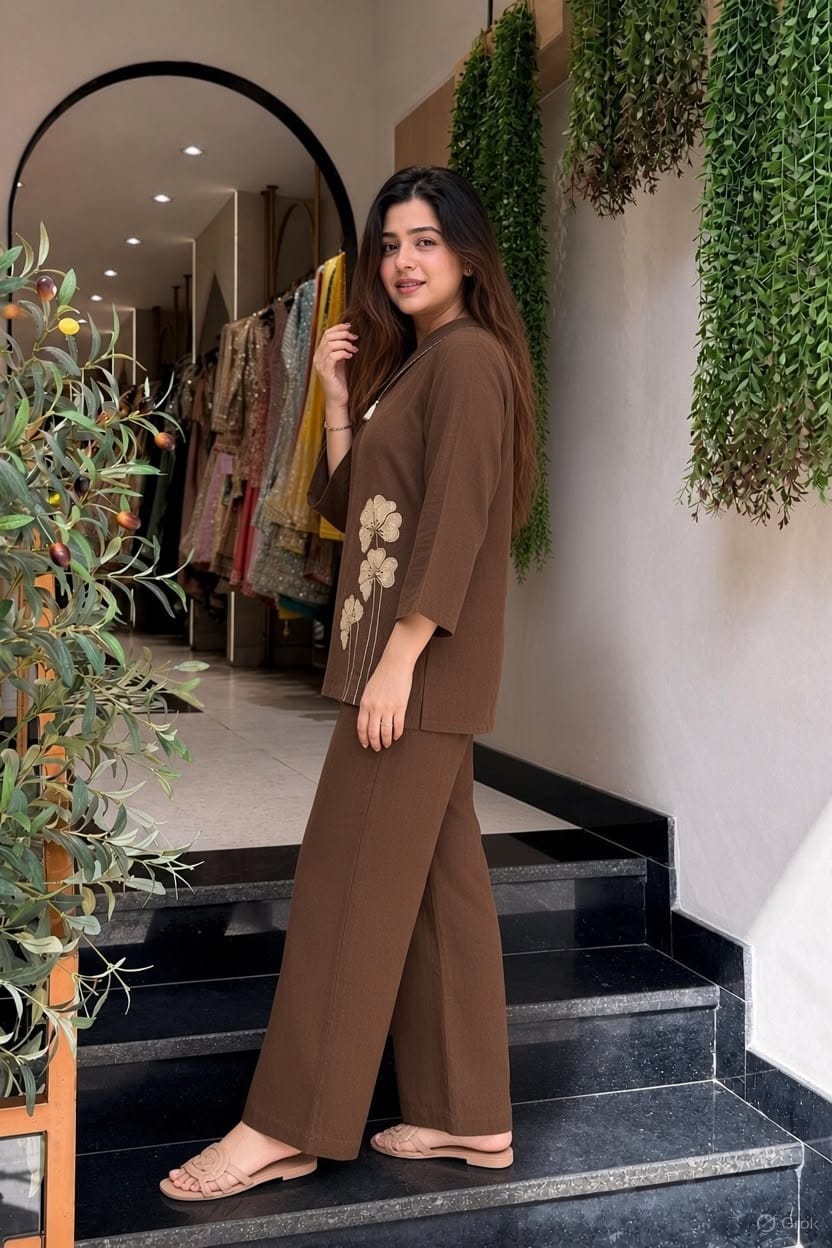Brown Cotton Flex Co-Ord Set with Floral Embroidery