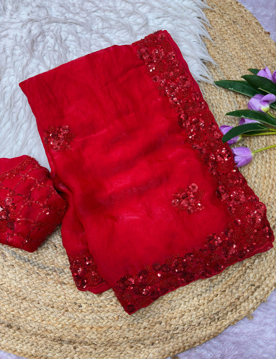 Party Wear Tulip Fandy Satin Saree with Heavy Beads & Sequins Work