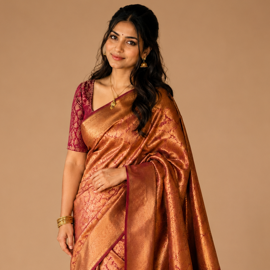 A woman modeling a traditional Indian saree with a metallic coppery-gold body, deep red border, and a matching deep red blouse, set against a solid warm beige background.