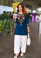 Hand Embroidered Pure Cotton Short Kurti with White Farshi Salwar Set (2-Piece Ethnic Suit)