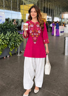 Hand Embroidered Pure Cotton Short Kurti with White Farshi Salwar Set (2-Piece Ethnic Suit)