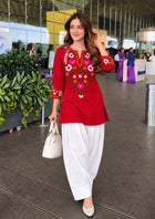 Hand Embroidered Pure Cotton Short Kurti with White Farshi Salwar Set (2-Piece Ethnic Suit)