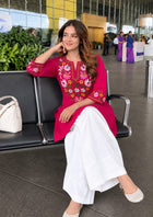 Hand Embroidered Pure Cotton Short Kurti with White Farshi Salwar Set (2-Piece Ethnic Suit)