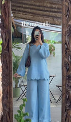 Pure Cotton Slub Scallop Cutwork Co-Ord Set (Tunic Top with Flared Palazzo Pants)