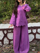 Pure Cotton Slub Scallop Cutwork Co-Ord Set (Tunic Top with Flared Palazzo Pants)