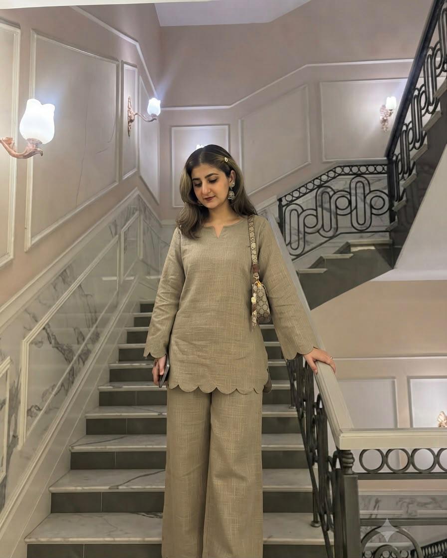 Pure Cotton Slub Scallop Cutwork Co-Ord Set (Tunic Top with Flared Palazzo Pants)
