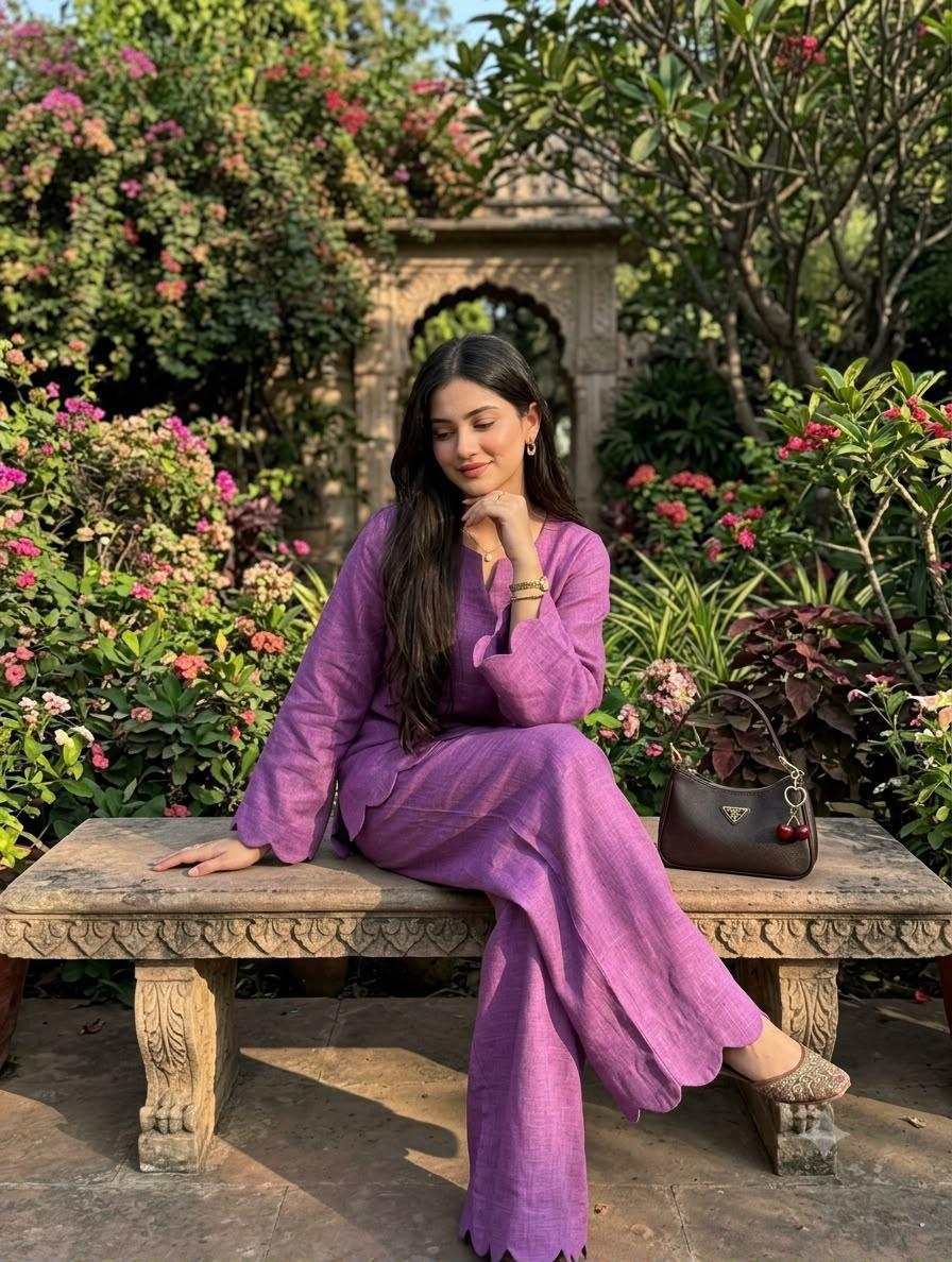 Pure Cotton Slub Scallop Cutwork Co-Ord Set (Tunic Top with Flared Palazzo Pants)