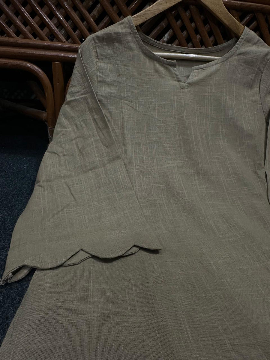Pure Cotton Slub Scallop Cutwork Co-Ord Set (Tunic Top with Flared Palazzo Pants)