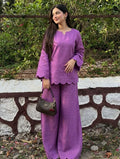 Pure Cotton Slub Scallop Cutwork Co-Ord Set (Tunic Top with Flared Palazzo Pants)