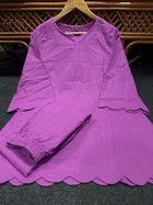 Pure Cotton Slub Scallop Cutwork Co-Ord Set (Tunic Top with Flared Palazzo Pants)