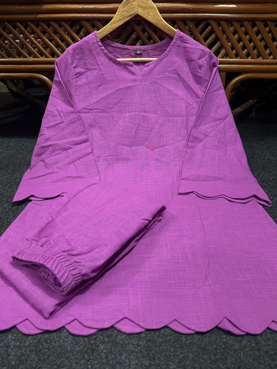 Pure Cotton Slub Scallop Cutwork Co-Ord Set (Tunic Top with Flared Palazzo Pants)