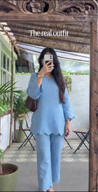 Pure Cotton Slub Scallop Cutwork Co-Ord Set (Tunic Top with Flared Palazzo Pants)
