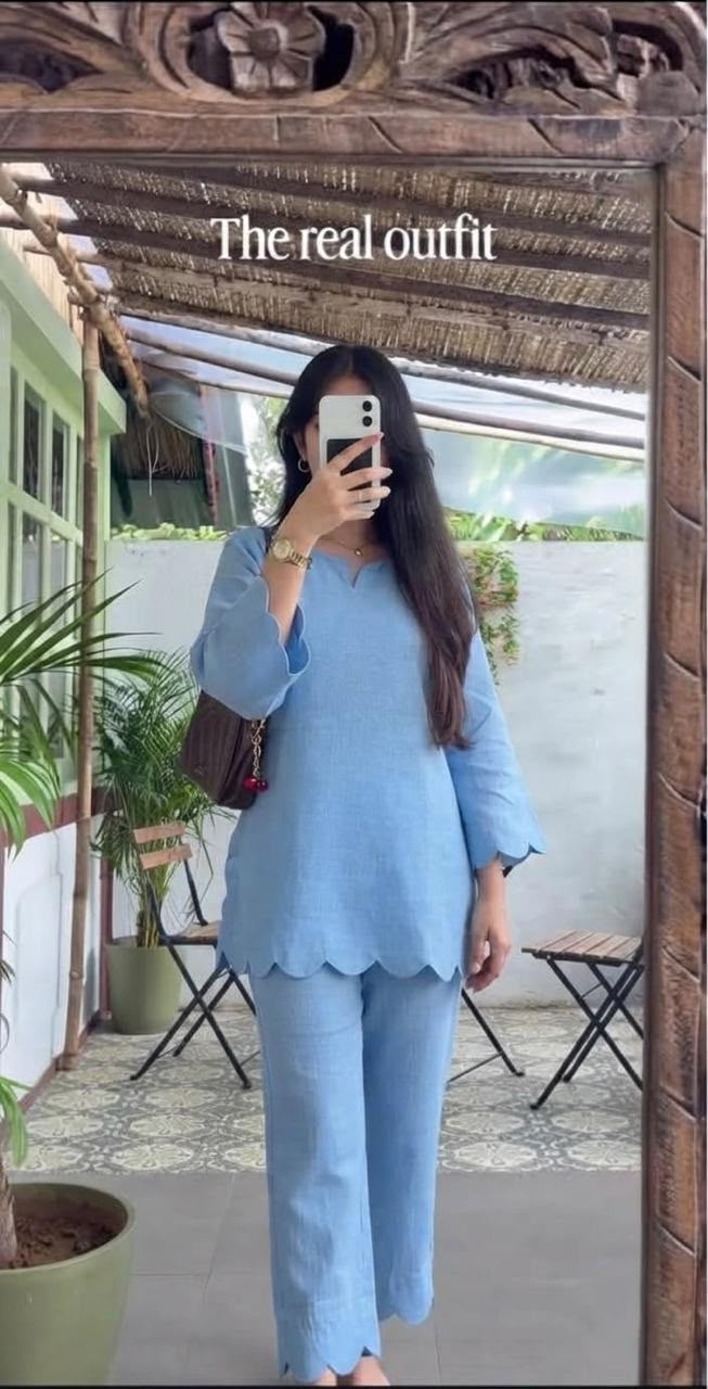 Pure Cotton Slub Scallop Cutwork Co-Ord Set (Tunic Top with Flared Palazzo Pants)