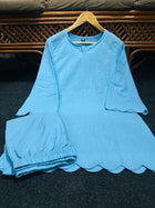 Pure Cotton Slub Scallop Cutwork Co-Ord Set (Tunic Top with Flared Palazzo Pants)