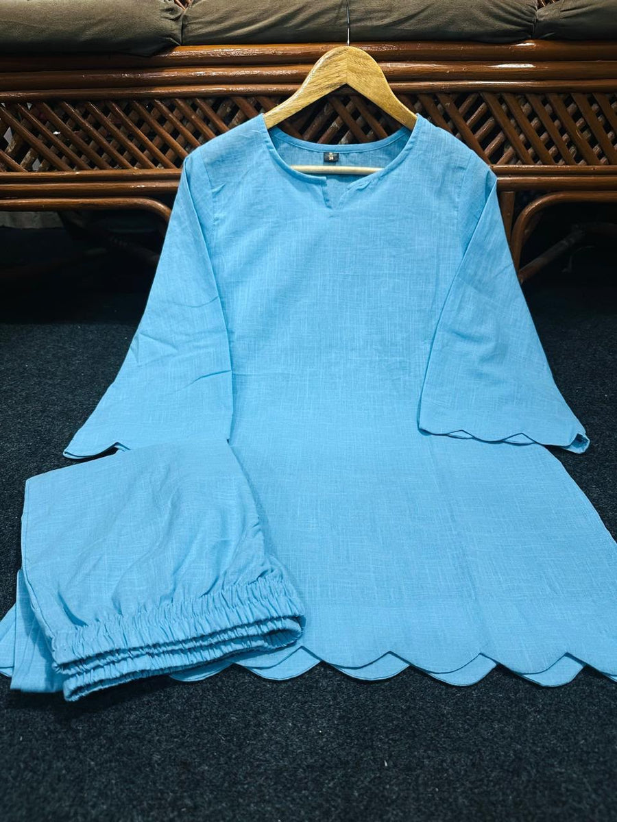 Pure Cotton Slub Scallop Cutwork Co-Ord Set (Tunic Top with Flared Palazzo Pants)