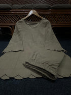 Pure Cotton Slub Scallop Cutwork Co-Ord Set (Tunic Top with Flared Palazzo Pants)