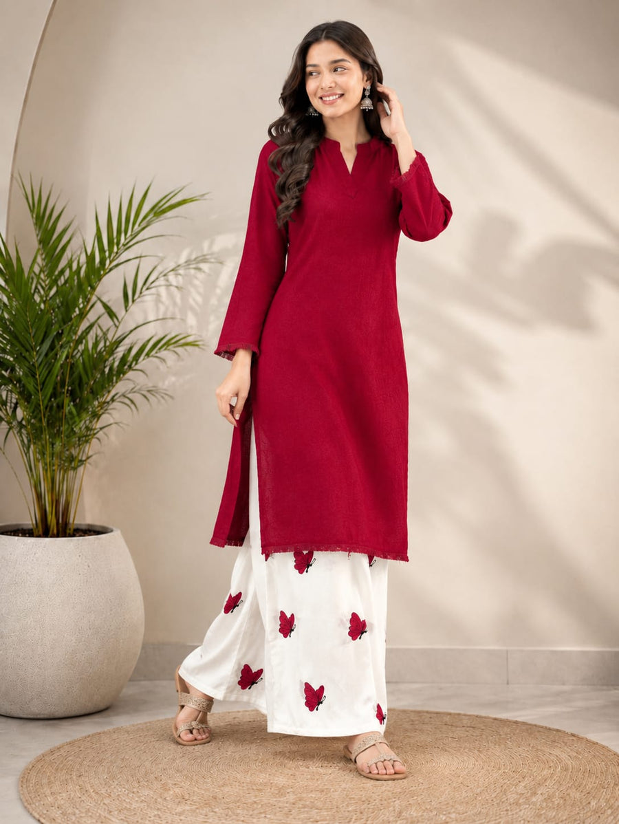 Rich Maroon Pure Cotton Embroidered Casual Kurti