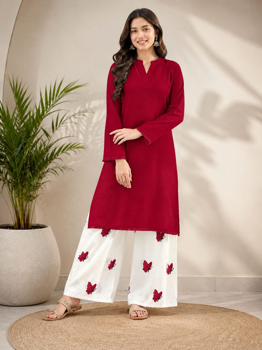 Rich Maroon Pure Cotton Embroidered Casual Kurti