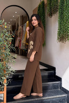 Brown Cotton Flex Co-Ord Set with Floral Embroidery