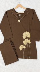 Brown Cotton Flex Co-Ord Set with Floral Embroidery
