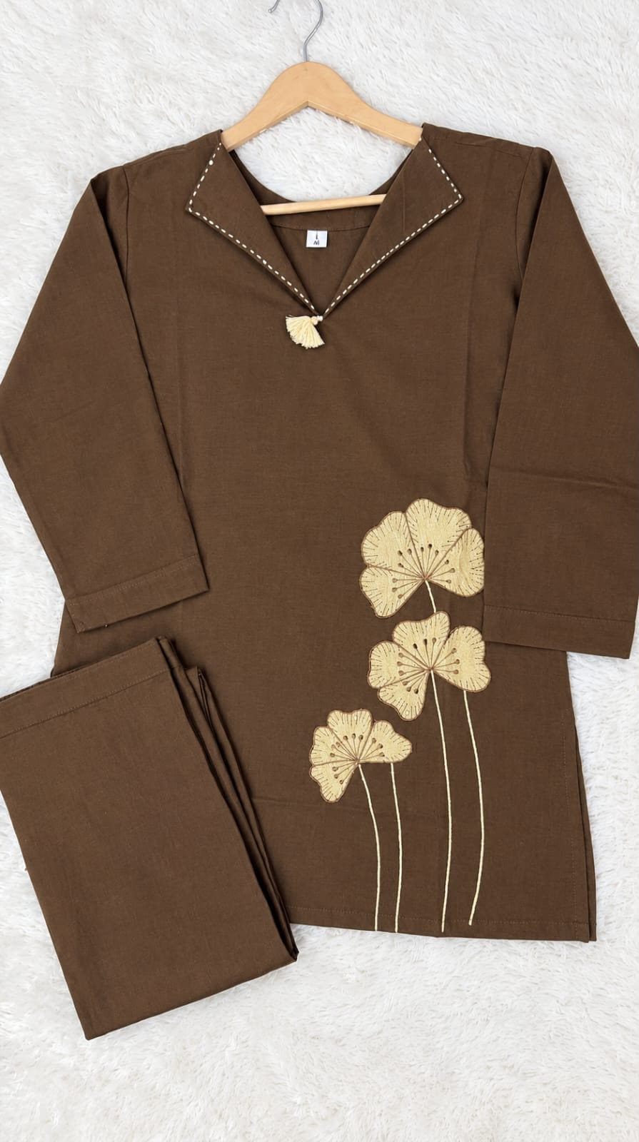 Brown Cotton Flex Co-Ord Set with Floral Embroidery
