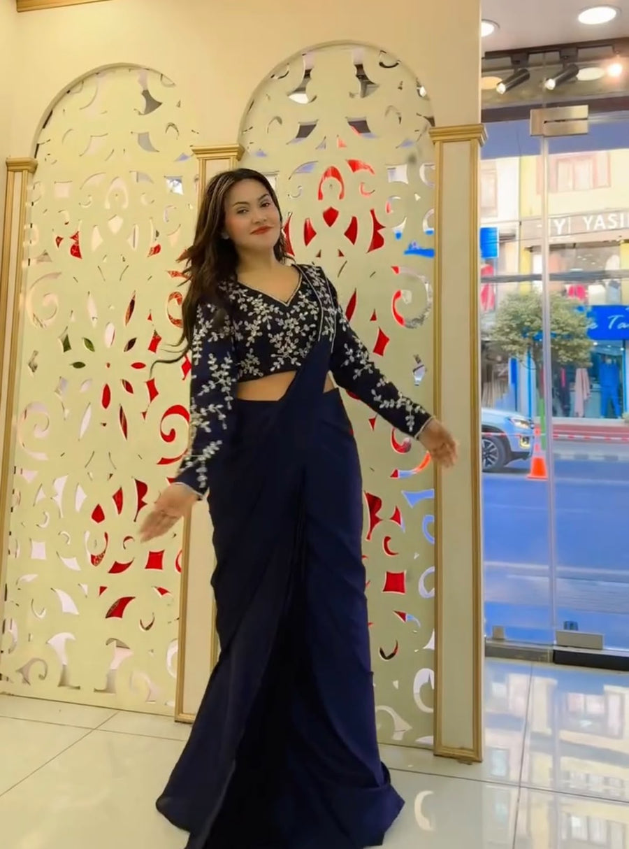 Navy Blue Pure Imported Lycra Silk Ready to Wear Saree