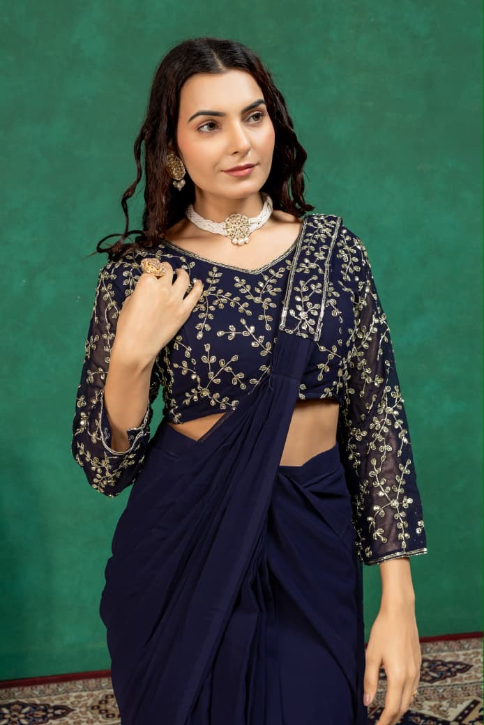 Navy Blue Pure Imported Lycra Silk Ready to Wear Saree