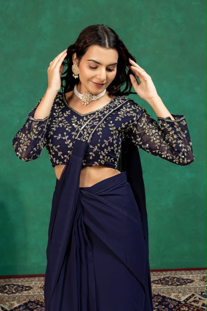 Navy Blue Pure Imported Lycra Silk Ready to Wear Saree