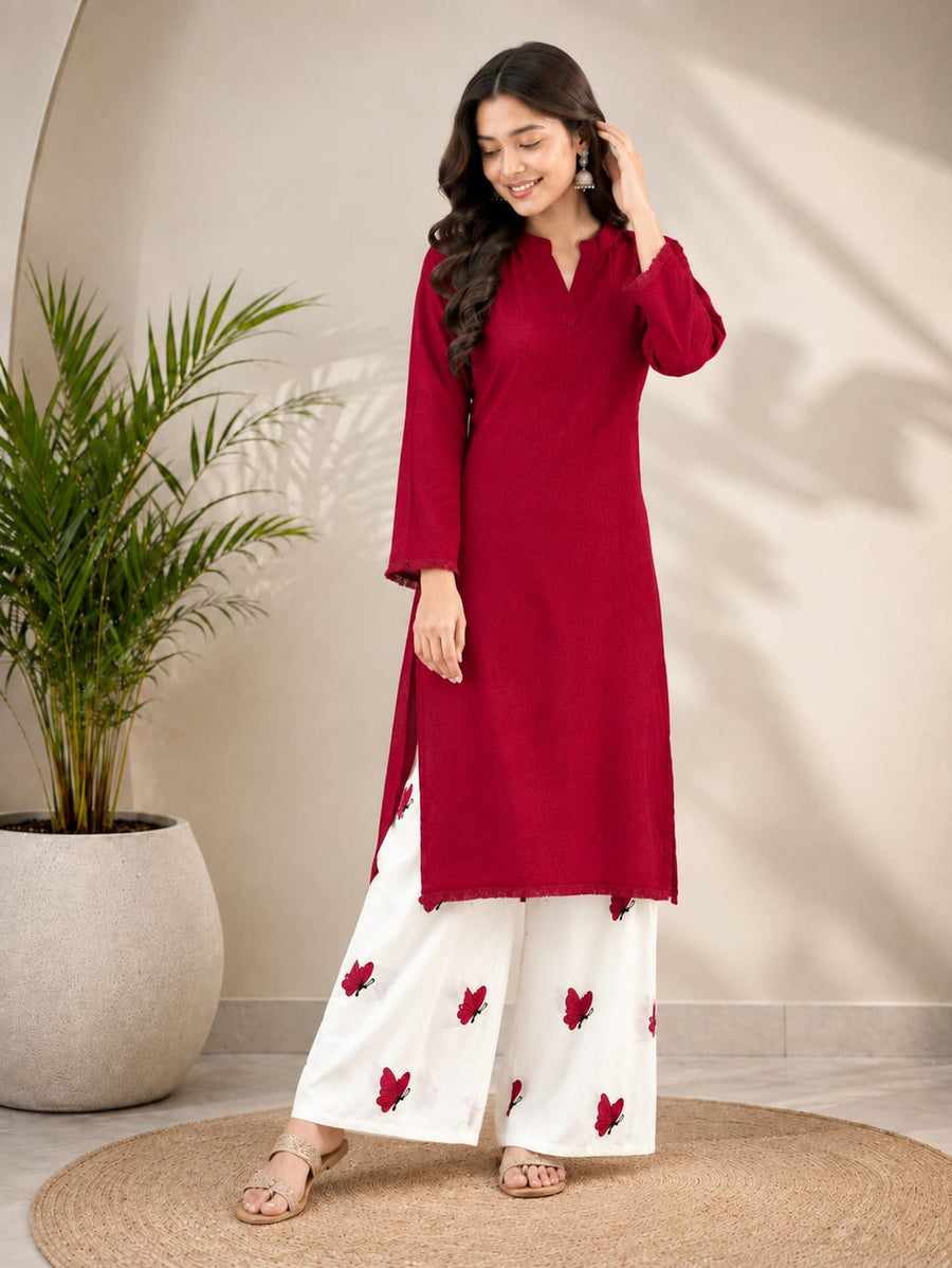 Rich Maroon Pure Cotton Embroidered Casual Kurti