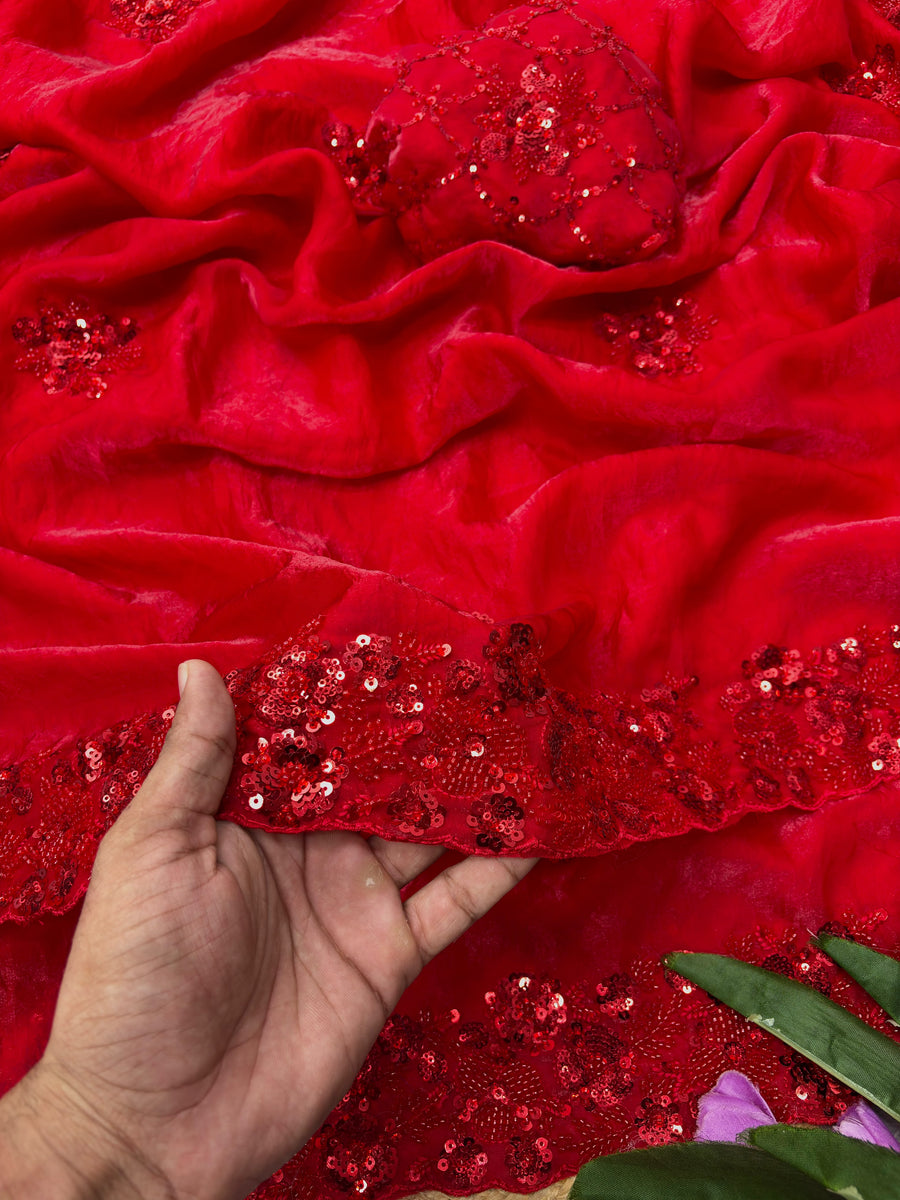 Party Wear Tulip Fandy Satin Saree with Heavy Beads & Sequins Work